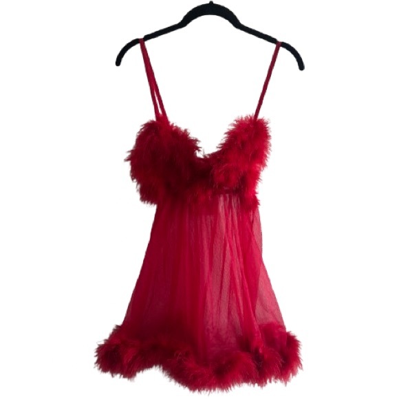 Frederick’s of Hollywood Red Marabou Babydoll Sheer Mini Dress Lingerie Nylon - Picture 1 of 12